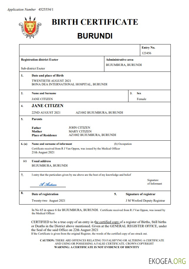 Modèle Word et PDF d'acte de naissance d'acte d'état civil du Burundi